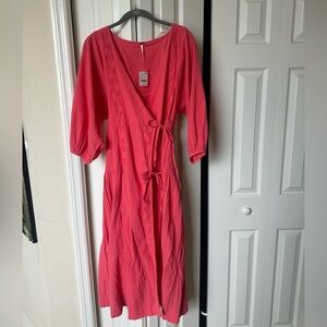 Free People Vibrant Coral Long Sleeve Dress